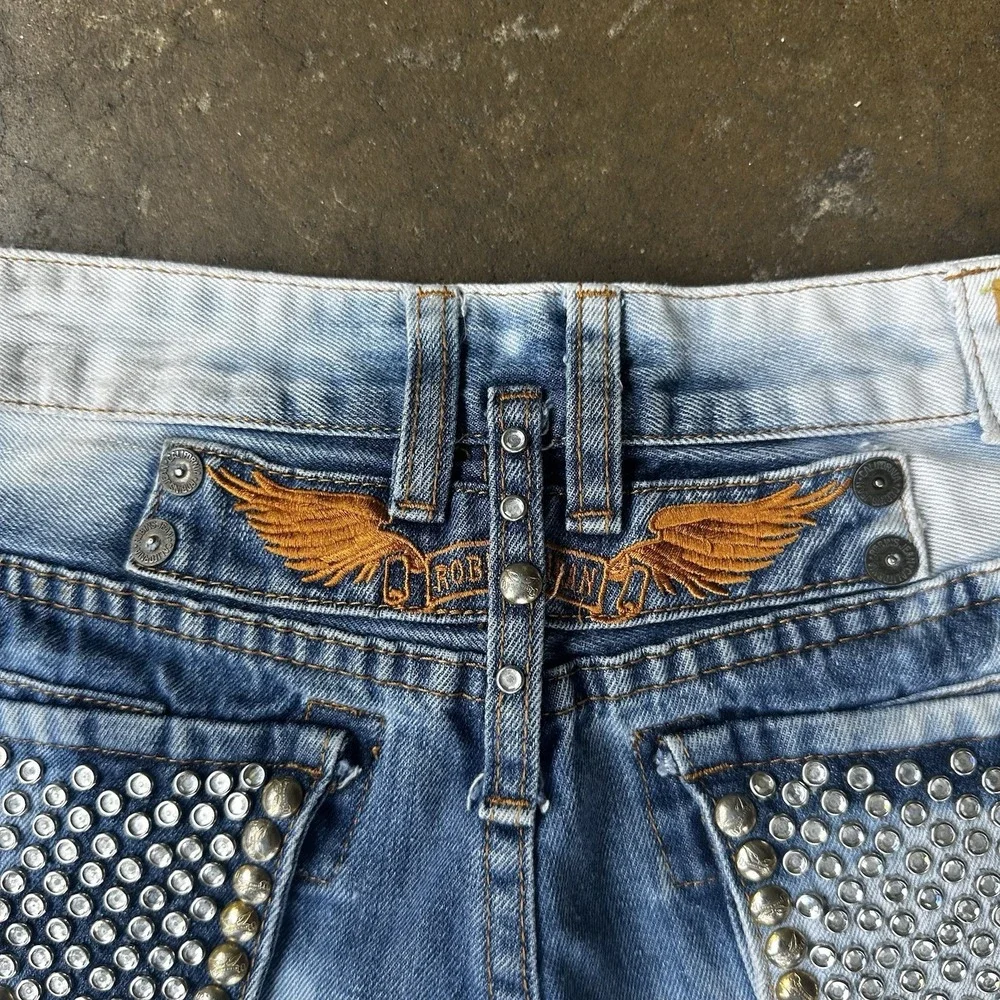 Robin's Jean Shorts Mens 34 Blue Denim Acid Wash Crystal Studded Flap Mortard